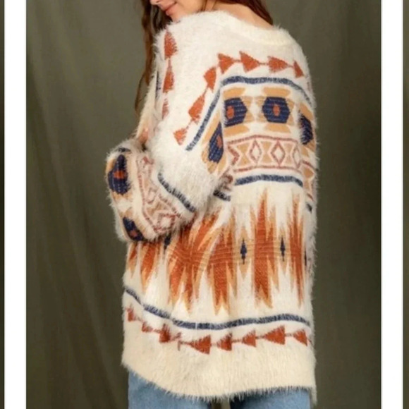 New! Boho Aztec Cozy Cream Cardigan Sweater - Picture 3 of 7